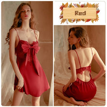 Load image into Gallery viewer, Autumn Winter New Lace Suspenders Nightdress Women&#39;s Perspective Temptation Satin Dress Backless Low-cut Pajamas Soft Home Wear