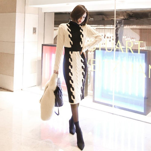 Autumn Winter New Slim High Neck Knit Thick Black and White Sweater Dress 2021 New Formal Dress
