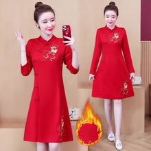 Load image into Gallery viewer, Autumn Winter Plus Velvet Thicken Improved Cheongsam Women Long Sleeve Stand Collar Vintage Embroidery Chinese Style Dress