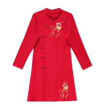 Load image into Gallery viewer, Autumn Winter Plus Velvet Thicken Improved Cheongsam Women Long Sleeve Stand Collar Vintage Embroidery Chinese Style Dress