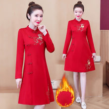 Load image into Gallery viewer, Autumn Winter Plus Velvet Thicken Improved Cheongsam Women Long Sleeve Stand Collar Vintage Embroidery Chinese Style Dress