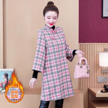 Load image into Gallery viewer, Autumn Winter Plus Velvet Thickening Improved Cheongsam Women Stand Collar Plaid Print Buckle Chinese Style Woolen Dress Female