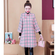 Load image into Gallery viewer, Autumn Winter Plus Velvet Thickening Improved Cheongsam Women Stand Collar Plaid Print Buckle Chinese Style Woolen Dress Female