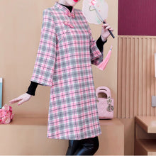 Load image into Gallery viewer, Autumn Winter Plus Velvet Thickening Improved Cheongsam Women Stand Collar Plaid Print Buckle Chinese Style Woolen Dress Female
