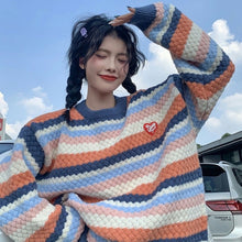 Load image into Gallery viewer, Autumn Winter Striped Knitted Sweater Women Casual Patchwork Oversized Pullover Sweater Female Korean Style Warm Sweater 2021