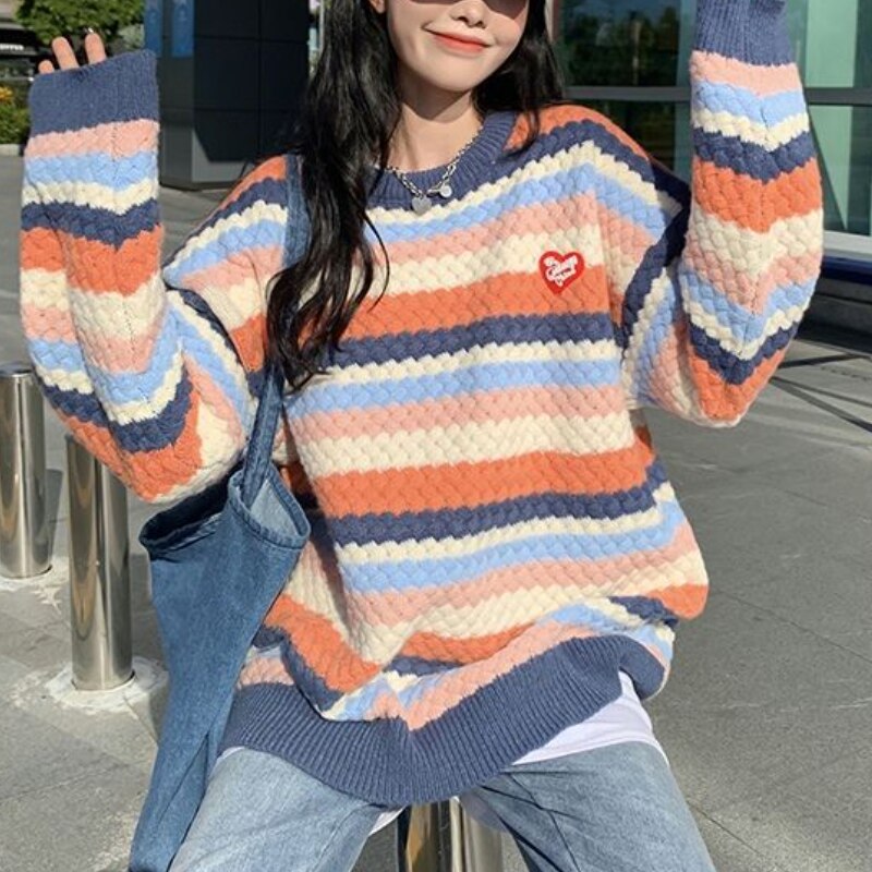 Autumn Winter Striped Knitted Sweater Women Casual Patchwork Oversized Pullover Sweater Female Korean Style Warm Sweater 2021