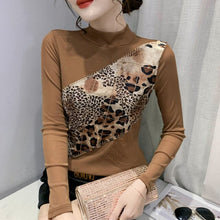 Load image into Gallery viewer, Autumn Winter Turtleneck Women Tops Fashion Long Sleeve Patchwork Mesh T-Shirt Plus Size Diamond Blusas Shirt