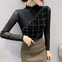 Load image into Gallery viewer, Autumn Winter Turtleneck Women Tops Fashion Long Sleeve Patchwork Mesh T-Shirt Plus Size Diamond Blusas Shirt