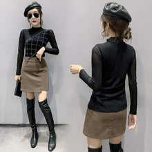 Load image into Gallery viewer, Autumn Winter Turtleneck Women Tops Fashion Long Sleeve Patchwork Mesh T-Shirt Plus Size Diamond Blusas Shirt