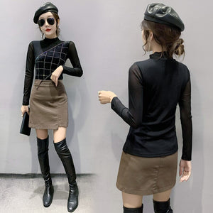 Autumn Winter Turtleneck Women Tops Fashion Long Sleeve Patchwork Mesh T-Shirt Plus Size Diamond Blusas Shirt