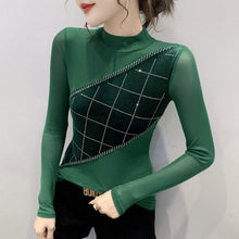 Load image into Gallery viewer, Autumn Winter Turtleneck Women Tops Fashion Long Sleeve Patchwork Mesh T-Shirt Plus Size Diamond Blusas Shirt