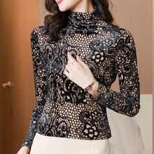 Load image into Gallery viewer, Autumn Winter Turtleneck Women&#39;s T-Shirt Fashion Casual Print Long Sleeve Velvet Tops And Shirt Plus Size Blusas