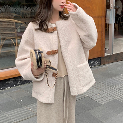 Autumn Winter Warm Fur Coat Women Solid Casual Loose Kawaii Overcoat Female Korean Fashion Pocket Short Outwear Jacket 2021 New