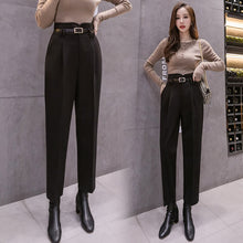 Load image into Gallery viewer, Autumn Winter Women&#39;s Ankle-Length Pants Wool Suit Thick Pants Women High Waist Harem Pants with Belt  Womens Loose Trousers