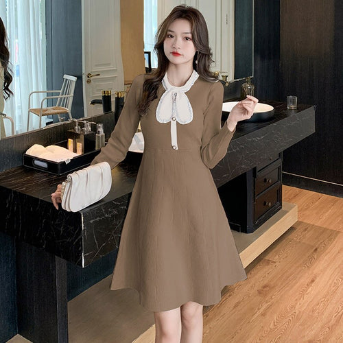 Autumn Winter Women's Long Sleeve Sweater Dress Brand Design Office Casual Knitting Dress Button Bowknot Decoration