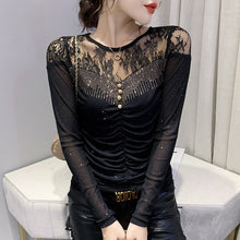 Load image into Gallery viewer, Autumn Women Clothing Fashion Casual Long Sleeve Sexy Lace Tops Elegant Slim Patchwork Hot Drilling Women&#39;s T-Shirt