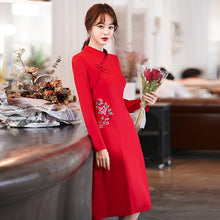 Load image into Gallery viewer, Autumn Women Floral Embroidery Improved Cheongsam Long Sleeve Stand Collar Buckle Chinese Style Slim Knee Length Dress Female