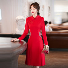 Load image into Gallery viewer, Autumn Women Floral Embroidery Improved Cheongsam Long Sleeve Stand Collar Buckle Chinese Style Slim Knee Length Dress Female