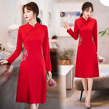 Load image into Gallery viewer, Autumn Women Floral Embroidery Improved Cheongsam Long Sleeve Stand Collar Buckle Chinese Style Slim Knee Length Dress Female