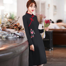 Load image into Gallery viewer, Autumn Women Floral Embroidery Improved Cheongsam Long Sleeve Stand Collar Buckle Chinese Style Slim Knee Length Dress Female