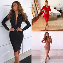 Load image into Gallery viewer, Autumn Women Long Sleeve Deep V Neck Dress Sexy Women Bandage Bodycon Dress Knee Length Night Club Party Midi Dresses Vestidos
