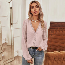 Load image into Gallery viewer, Autumn Women Shirts V Neck Solid Color Lace Patchwork Long Sleeve Pullover Shirts Lady Tops Plunging Collar Casual Offcie Lady