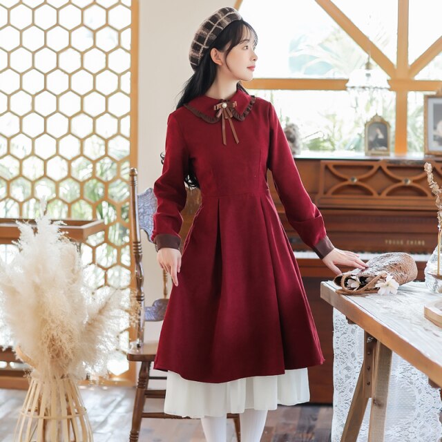 Autumn Women's Clothing Dress Sweet Retro Long-sleeved Bow Cute Lapel Solid Color Simple French Dress Red Vestidos de mujer