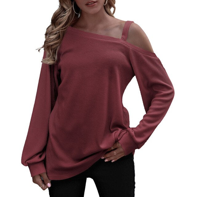 Autumn Women’s T-shirt Fashion Sexy Off-shoulder Knot Lantern Sleeve Vintage Harajuku Tees Loose Casual Female Pullover Tops