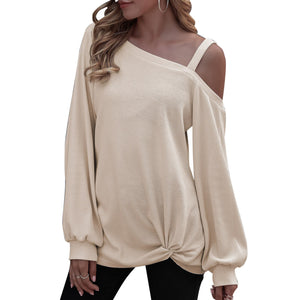 Autumn Women’s T-shirt Fashion Sexy Off-shoulder Knot Lantern Sleeve Vintage Harajuku Tees Loose Casual Female Pullover Tops