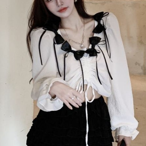 Autumn Y2K Chiffon Blouse Shirt Women Long Sleeve Elegant Sweet Chic Blouse Female Korean Fashion Bow Short Designer Tops 2021