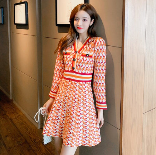 Autumn and Winter Vintage Print Hit The Color High Waist Mini Dress Women V-neck Button Slim Knitting Dresses Female Vestidos