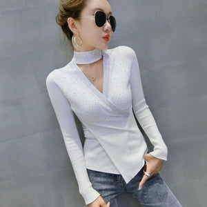 Autumn winter 2021 New women sweaters Fashion sexy v-neck diamond knitted shirt Elegant slim women's pullovers