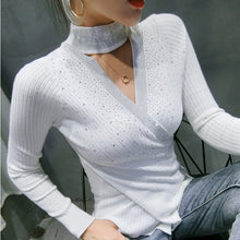 Load image into Gallery viewer, Autumn winter 2021 New women sweaters Fashion sexy v-neck diamond knitted shirt Elegant slim women&#39;s pullovers
