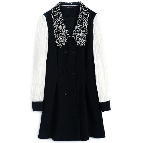 Awarose Fashion Embroidery Flower Lantern Long Sleeve Double Breasted High Waist Patchwork Elegant Party Dress Women Vestidos