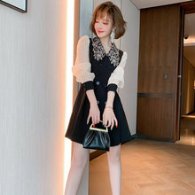 Load image into Gallery viewer, Awarose Fashion Embroidery Flower Lantern Long Sleeve Double Breasted High Waist Patchwork Elegant Party Dress Women Vestidos