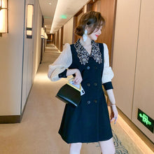 Load image into Gallery viewer, Awarose Fashion Embroidery Flower Lantern Long Sleeve Double Breasted High Waist Patchwork Elegant Party Dress Women Vestidos