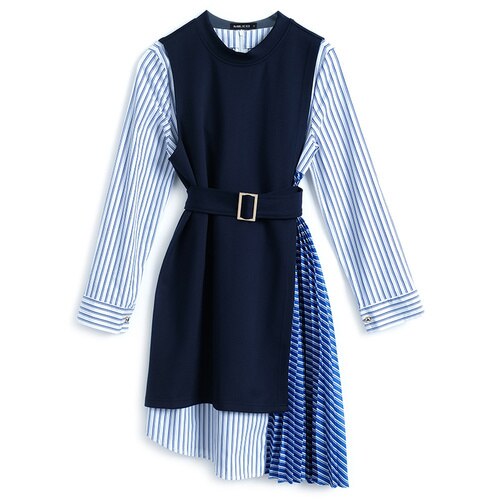Awarose Female Stripe Irregular Elegante Pleated Split Fork Dress + Knitted Vest Office Lady High Waist Belt Spring Dress Women