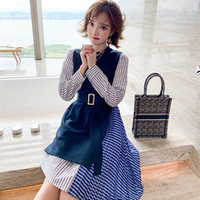 Load image into Gallery viewer, Awarose Female Stripe Irregular Elegante Pleated Split Fork Dress + Knitted Vest Office Lady High Waist Belt Spring Dress Women