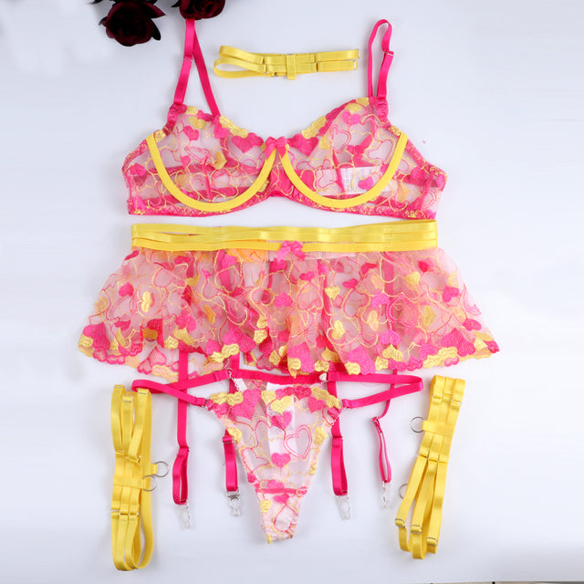 BDSM Sexy Lingerie Fancy Beautiful Underwear Ruffled Garters Heart-Shaped Embroidery Transparent Bra Sensual Exotic Set