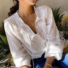 Load image into Gallery viewer, new white blouse women long sleeve hollow out cotton spring summer tops new boho blouse V-neck tassel blouse shirt