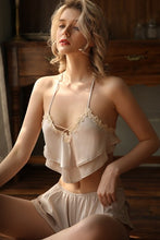 Load image into Gallery viewer, Back Cross Sexy Silk Pajamas for Women Summer Sleepwear Female Nightgown Floral Lace Bardot Lingerie Set with Satin Shorts