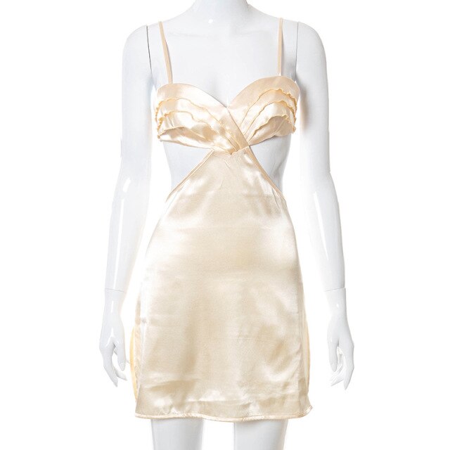 Backless Sexy Cut Out Club Party Dresses Women Spaghetti Strap Ruched Satin Mini Dress 2021Summer Elegant Pleated Fairy Sundress