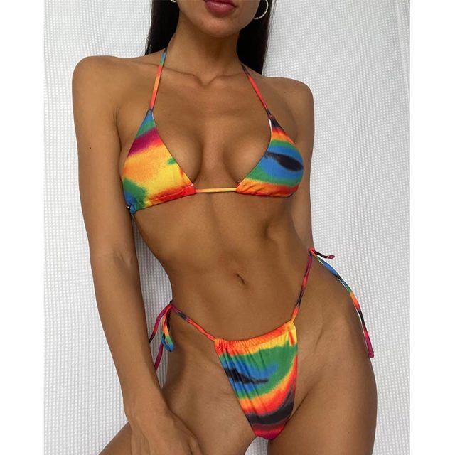 Bandage Micro Thong Bikinis Sexy Bathing Suits Patchwork Print Swimsuit Women Swimwear Halter Bikini Set Mujer Maillot Biquini