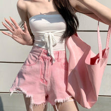 Load image into Gallery viewer, Basic Summer Denim Shorts Women 2021 Korean Style Casual High Waist Cuffed Tassels Ripped Holes Pink Jeans Shorts Female Bottoms