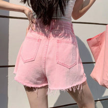 Load image into Gallery viewer, Basic Summer Denim Shorts Women 2021 Korean Style Casual High Waist Cuffed Tassels Ripped Holes Pink Jeans Shorts Female Bottoms