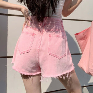 Basic Summer Denim Shorts Women 2021 Korean Style Casual High Waist Cuffed Tassels Ripped Holes Pink Jeans Shorts Female Bottoms
