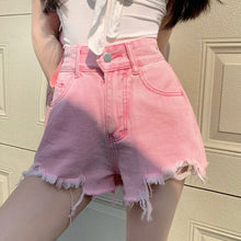 Load image into Gallery viewer, Basic Summer Denim Shorts Women 2021 Korean Style Casual High Waist Cuffed Tassels Ripped Holes Pink Jeans Shorts Female Bottoms