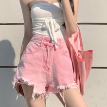 Load image into Gallery viewer, Basic Summer Denim Shorts Women 2021 Korean Style Casual High Waist Cuffed Tassels Ripped Holes Pink Jeans Shorts Female Bottoms