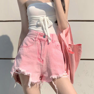 Basic Summer Denim Shorts Women 2021 Korean Style Casual High Waist Cuffed Tassels Ripped Holes Pink Jeans Shorts Female Bottoms