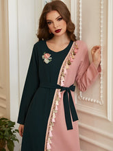 Load image into Gallery viewer, Beautiful Retro Green Powder Hit Color Tassels Handmade Flowers Rhinestones Long-sleeved Muslim Long Skirt Women&#39;s Clothing Robe